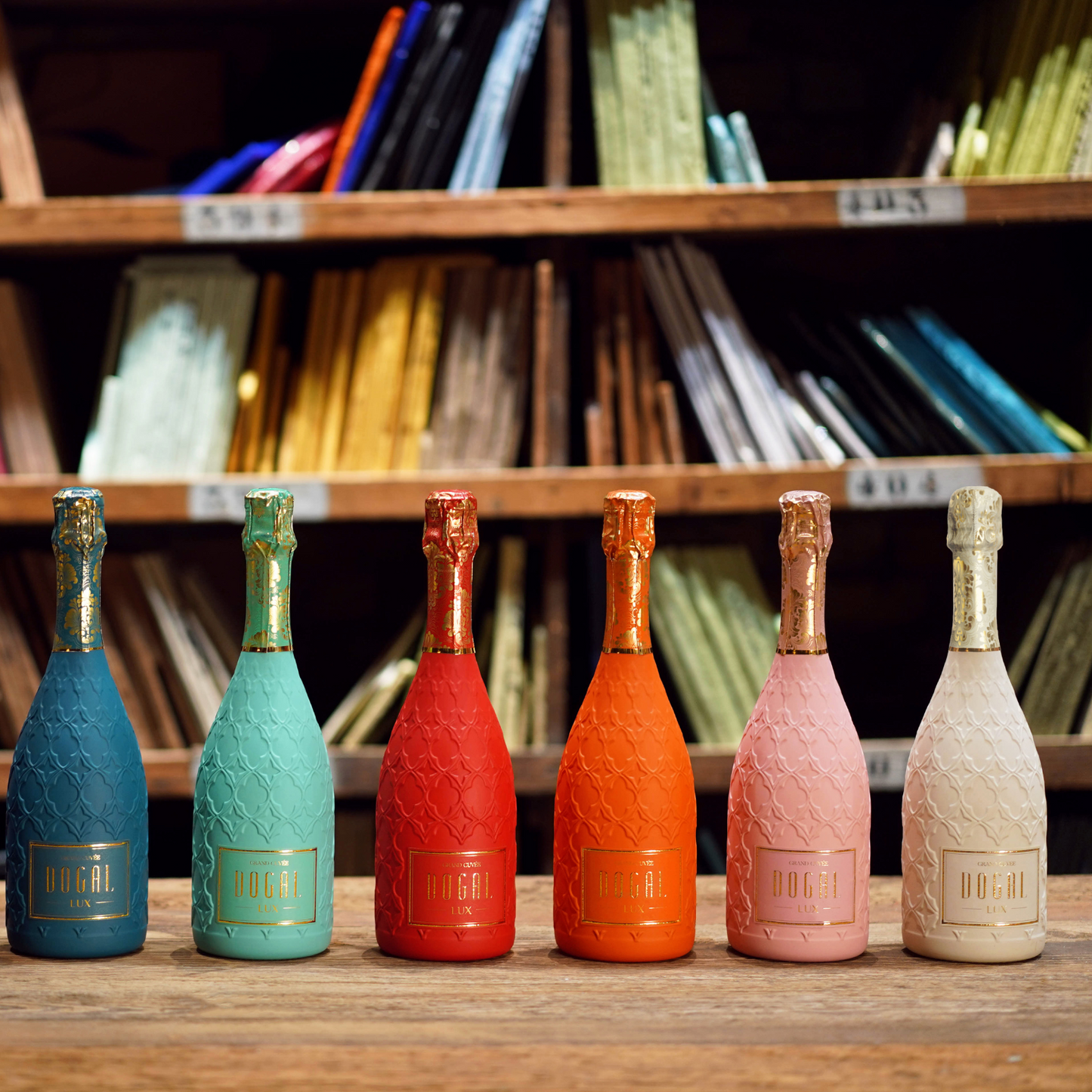 Eight Bottles of colorful Dogal Sparkling wine in a n old library, all bottles lined up with Black, Blue, Teal, Tiffany, Red, Orange, Pink and White Version